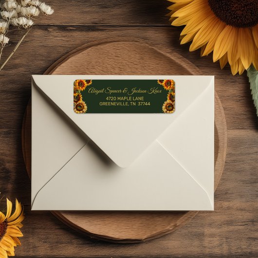 Sunflower Wedding Forest Green en Gold Rustic Etiket