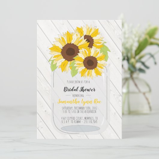 Sunflower Wedding Invitation Grey Yellow Rustic Kaart (Staand voorkant)