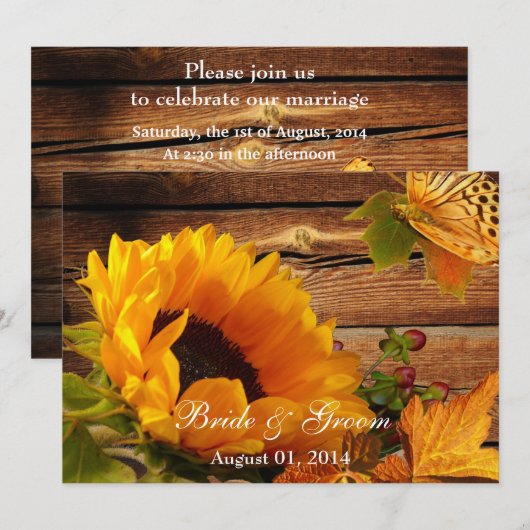 Sunflower Wedding Invitations, Rustic Country Herf Kaart (Voorkant / Achterkant)