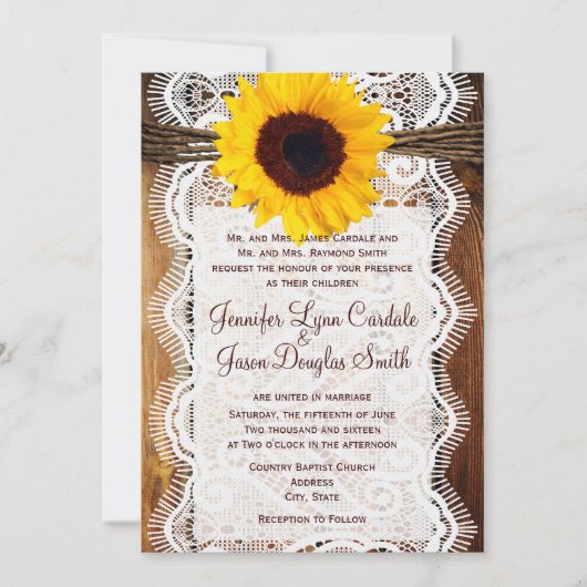 Sunflower Wedding Inviting Country Barn Wood Lace Kaart (Voorkant)