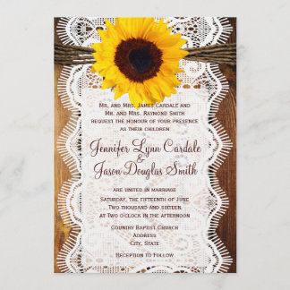 Sunflower Wedding Inviting Country Barn Wood Lace Kaart
