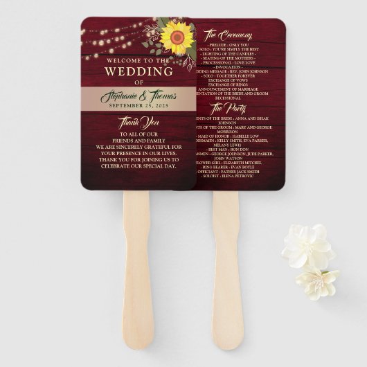 Sunflower Wedding Program Hand Fan Handwaaier (Voorkant en achterkant)