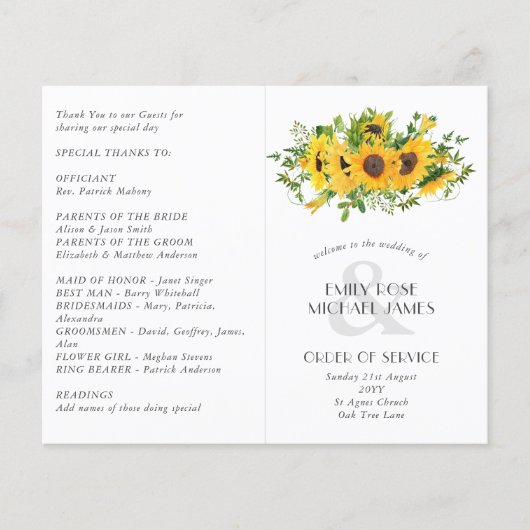 Sunflower Wedding Program of een ander evenement o (Voorkant)