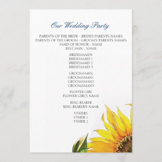 Sunflower Wedding Program Yellow Programmakaart (Achterkant)