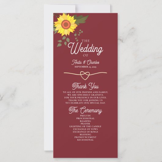 Sunflower Wedding Programme (Voorkant)