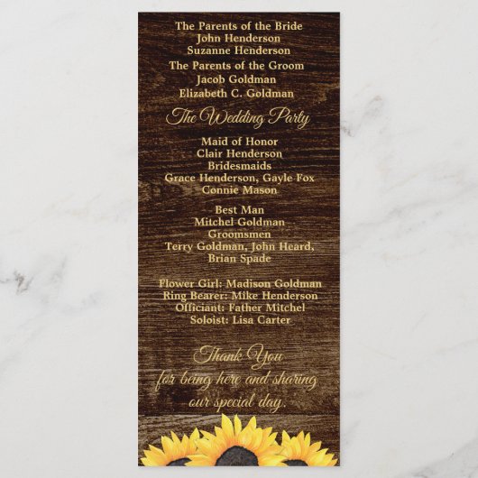Sunflower Wedding Programme on Wood Country Floral Programmakaart (Achterkant)