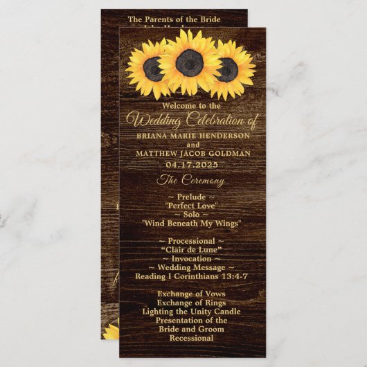 Sunflower Wedding Programme on Wood Country Floral Programmakaart (Voorkant / Achterkant)