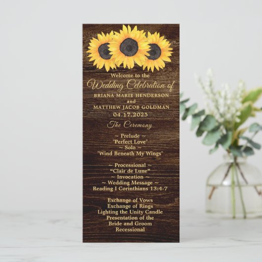 Sunflower Wedding Programme on Wood Country Floral Programmakaart (Staand voorkant)
