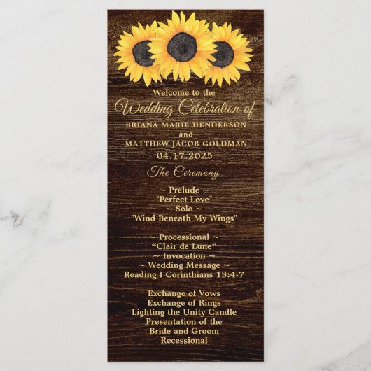 Sunflower Wedding Programme on Wood Country Floral Programmakaart (Voorkant)