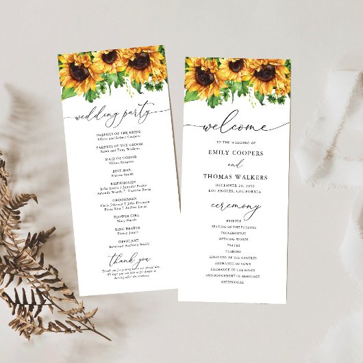 Sunflower Wedding Programme Programmakaart