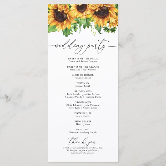 Sunflower Wedding Programme Programmakaart (Achterkant)