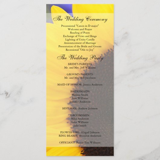 Sunflower Wedding Programme Programmakaart (Achterkant)