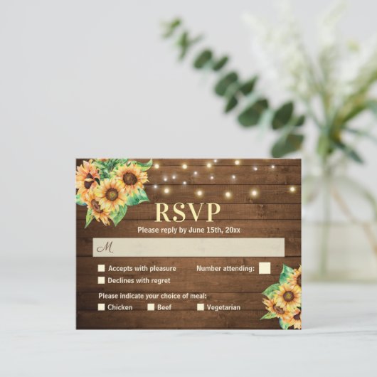 Sunflower Wedding RSVP Rustic Country Uitnodiging (Staand voorkant)