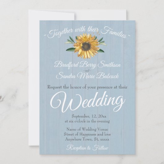 Sunflower Wedding Rustic Dusty Blue Barn Wood Kaart (Voorkant)