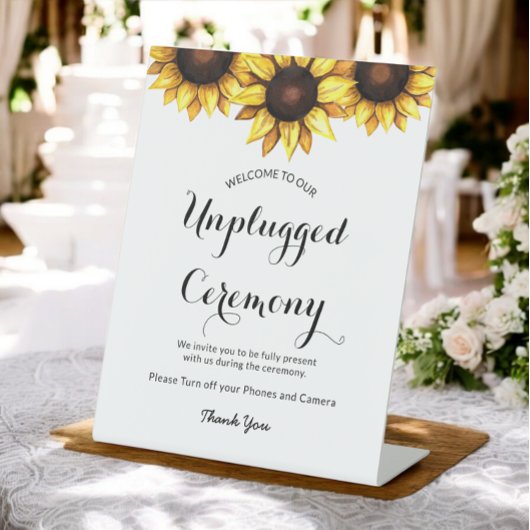 Sunflower Wedding Unplugged Ceremony Reclamebord Met Voetstuk