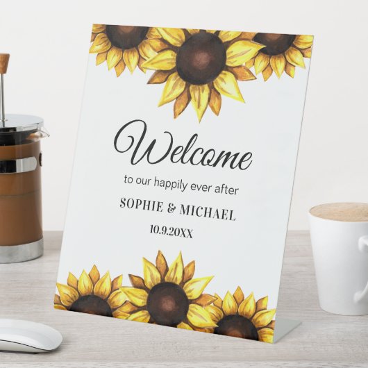 Sunflower Wedding Welcome Yellow Floral Reclamebord Met Voetstuk (Insitu)