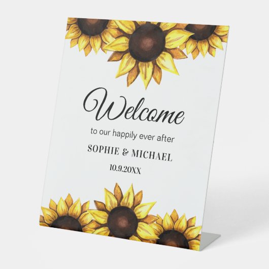 Sunflower Wedding Welcome Yellow Floral Reclamebord Met Voetstuk (Voorkant)