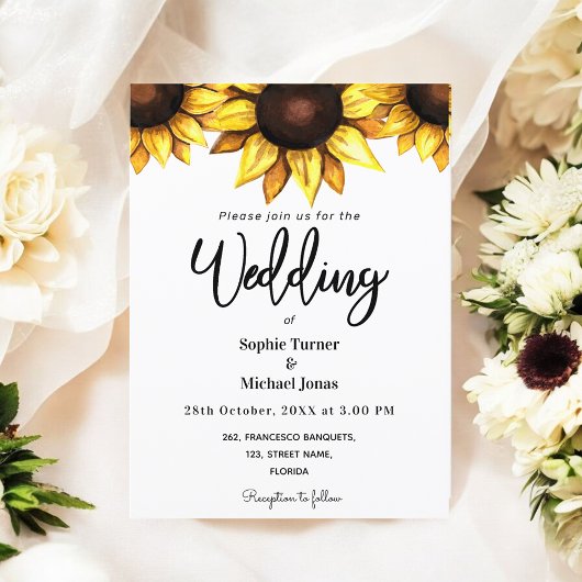 Sunflower Wedding White Yellow Floral Invitation Aankondiging