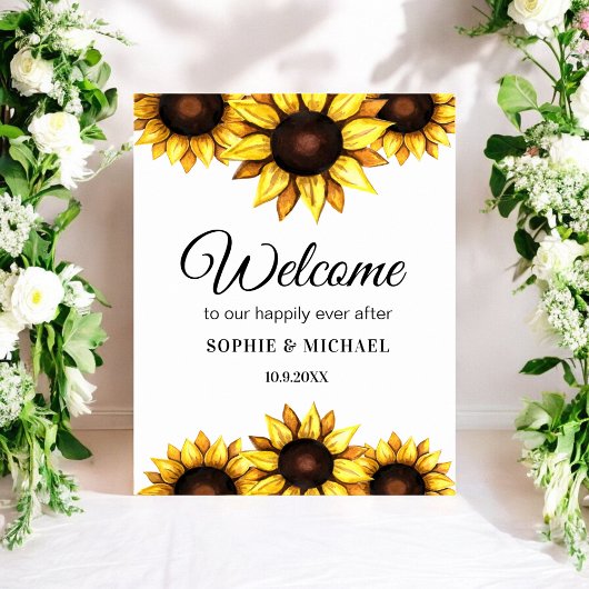 Sunflower Wedding White Yellow Welcome Sign Poster