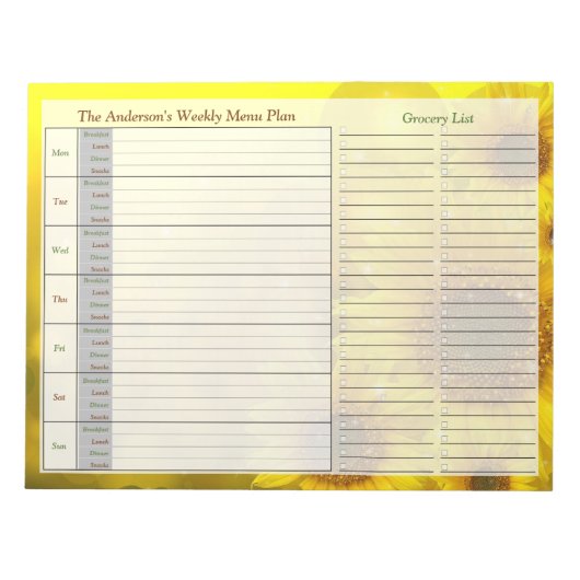 Sunflower Weekly Personalized Menu Plan Notepad Notitieblok (Voorkant)