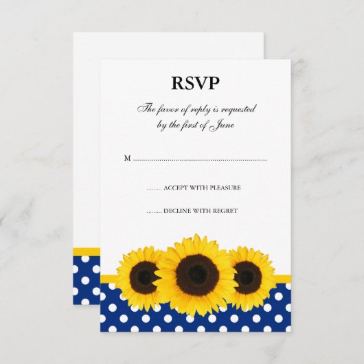 Sunflower White en Blue Polka Dot Response Card RSVP Kaartje (Voorkant / Achterkant)