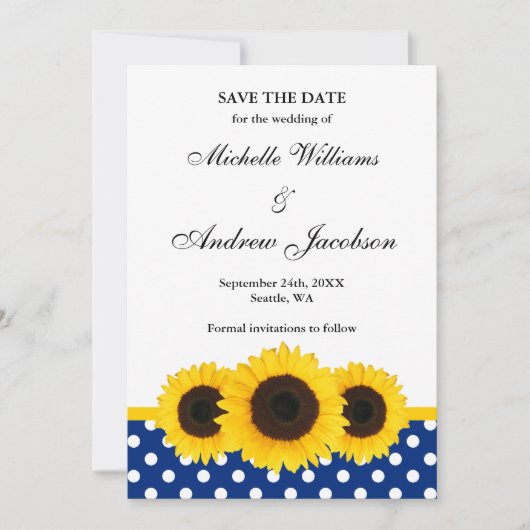 Sunflower White en Blue Polka Dot Save the Date (Voorkant)