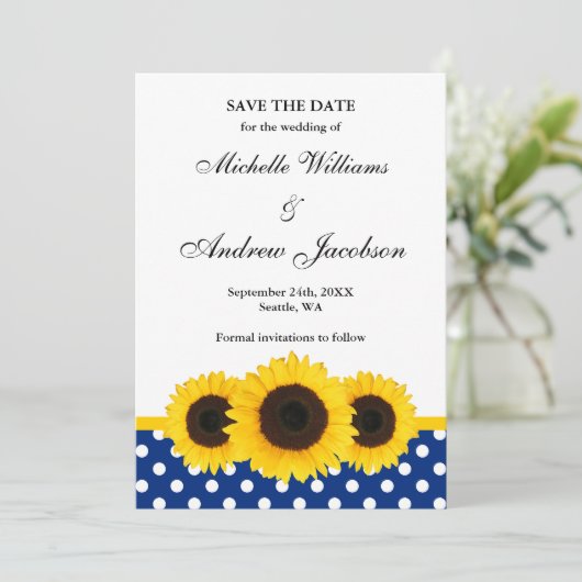 Sunflower White en Blue Polka Dot Save the Date (Staand voorkant)