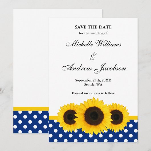Sunflower White en Blue Polka Dot Save the Date (Voorkant / Achterkant)