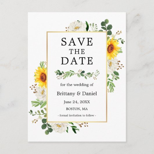 Sunflower White Floral Greenery Save the Date Briefkaart (Voorkant)