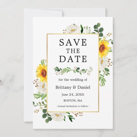 Sunflower White Floral Greenery Save the Date Kaar (Voorkant)