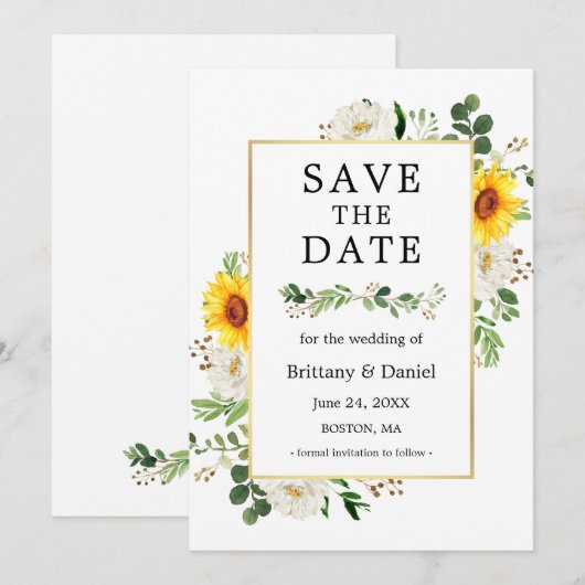 Sunflower White Floral Greenery Save the Date Kaar (Voorkant / Achterkant)