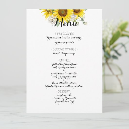 Sunflower white rose rustic wedding menu (Staand voorkant)