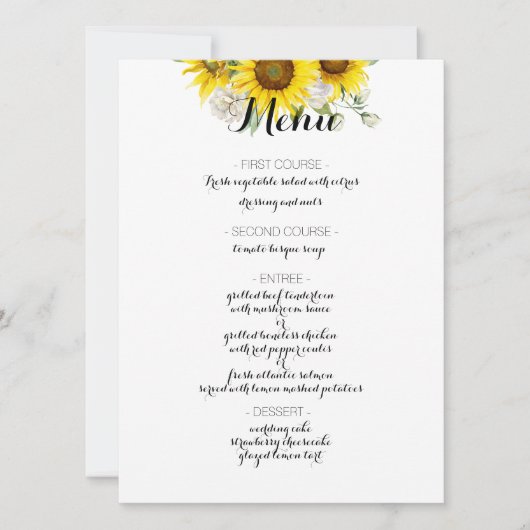 Sunflower white rose rustic wedding menu (Voorkant)
