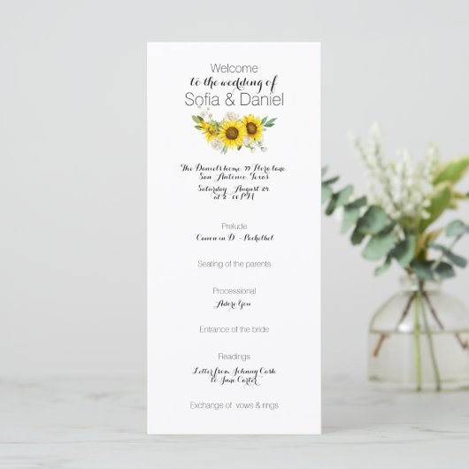 Sunflower white rose watercolor wedding Flat Card (Staand voorkant)