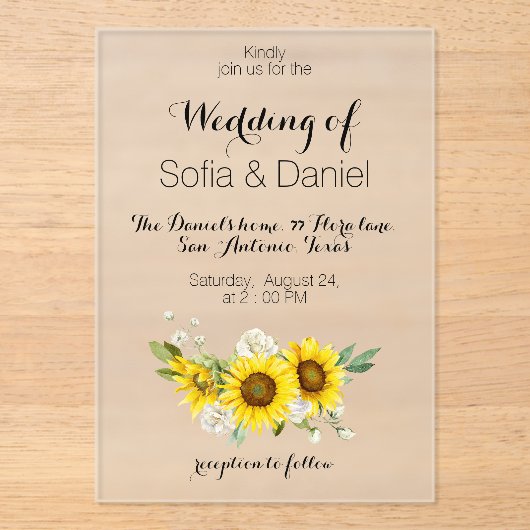 Sunflower white rose wedding Acrylic Invitation Acryl Uitnodigingen (Voorkant)