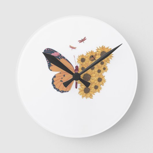 Sunflower Wings Timepiece – Butterfly Nature Wall  Ronde Klok (Voorkant)
