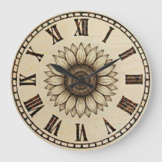 Sunflower Wood Burned Wall Clock Grote Klok