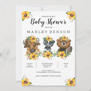 Sunflower Woodland Animals Baby shower Invitation Kaart
