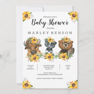 Sunflower Woodland Animals Baby shower Invitation Kaart