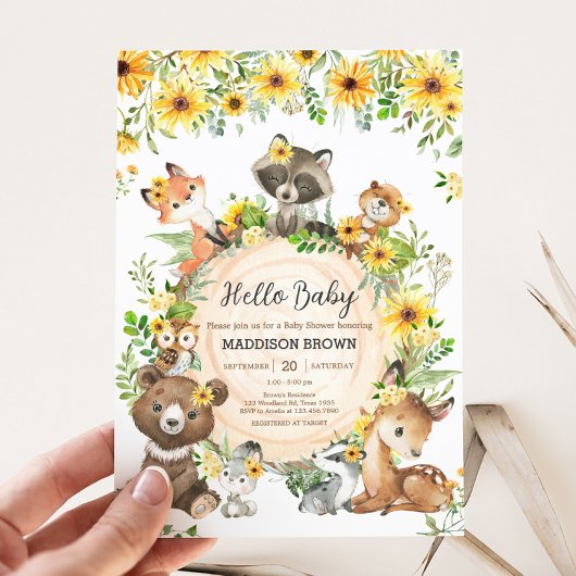 Sunflower Woodland Animals Baby Shower Kaart
