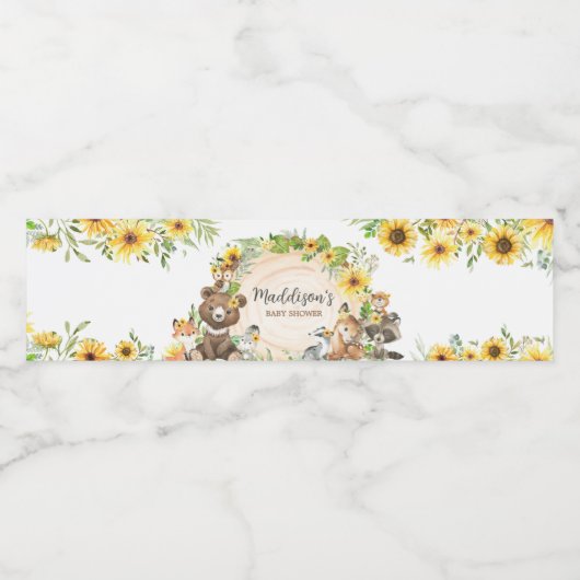 Sunflower Woodland Animals Baby Shower Waterfles Etiket (Enkel label)