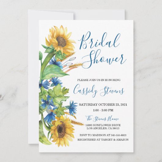 Sunflower Yellow Blue Floral Fall Bridal Shower Kaart (Voorkant)