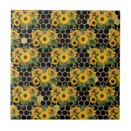 Sunflower Yellow Bouquet Honeycomb Black Tegeltje