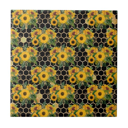 Sunflower Yellow Bouquet Honeycomb Black Tegeltje (Voorkant)