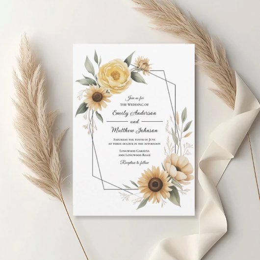 Sunflower Yellow Floral Frame Wedding Invitation Kaart