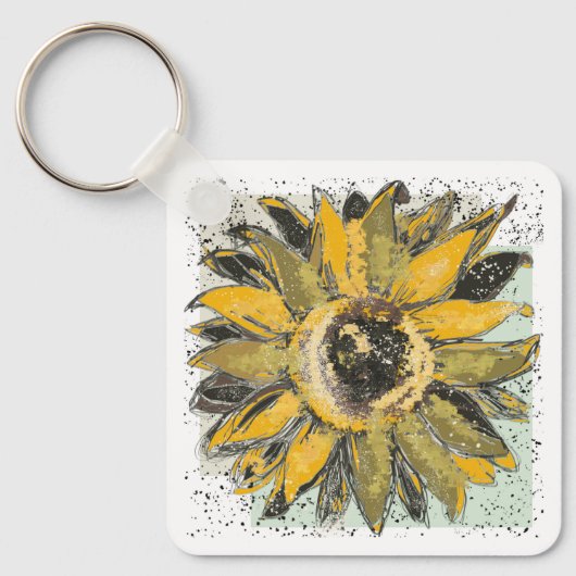 Sunflower Yellow Green Black Watercolor Style Art Sleutelhanger (Voorkant)