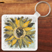Sunflower Yellow Green Black Watercolor Style Art Sleutelhanger (Achterkant)