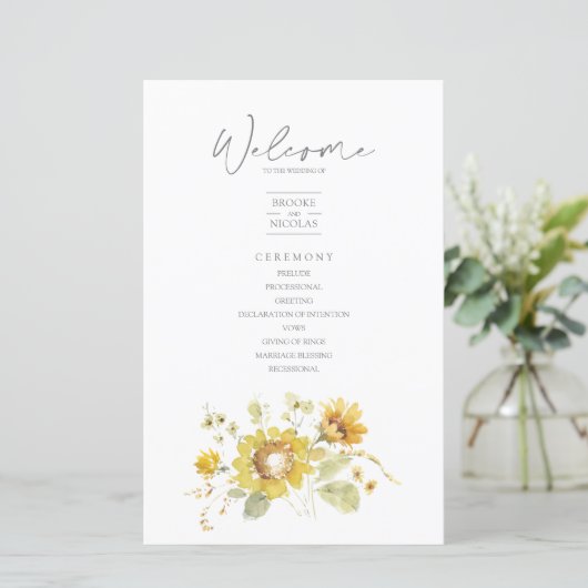 Sunflower Yellow Rustic Wedding Programme (Staand voorkant)