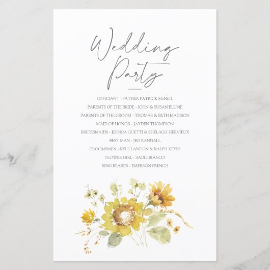 Sunflower Yellow Rustic Wedding Programme (Achterkant)