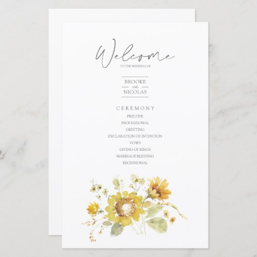 Sunflower Yellow Rustic Wedding Programme (Voorkant / Achterkant)